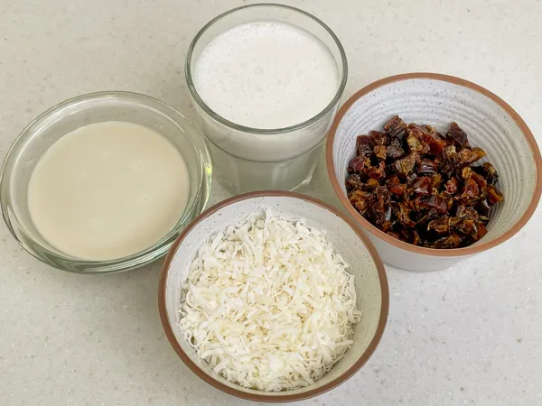 ingredients used in the recipe, coconut milk, oat milk, dates, coconut flakes