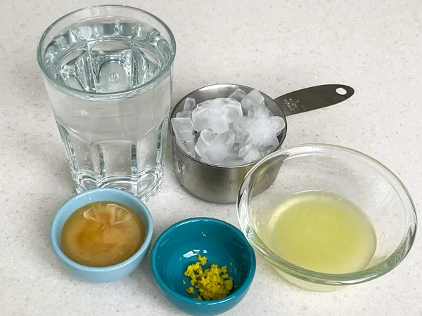 ingredients used in the lemonade, water, ice, lemon juice, lemon zest, honey
