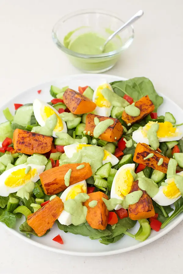 Grilled sweet potato salad with creamy cilantro dressing