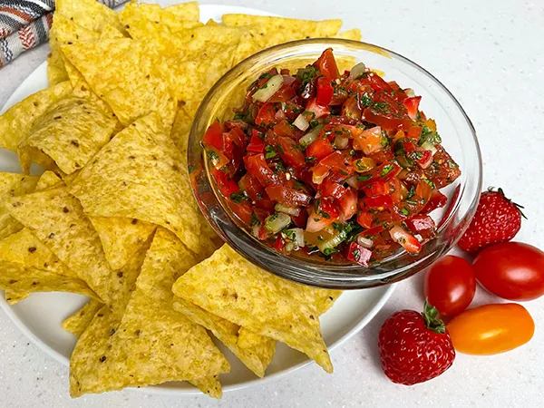 Strawberry, Salsa and and tortillas.